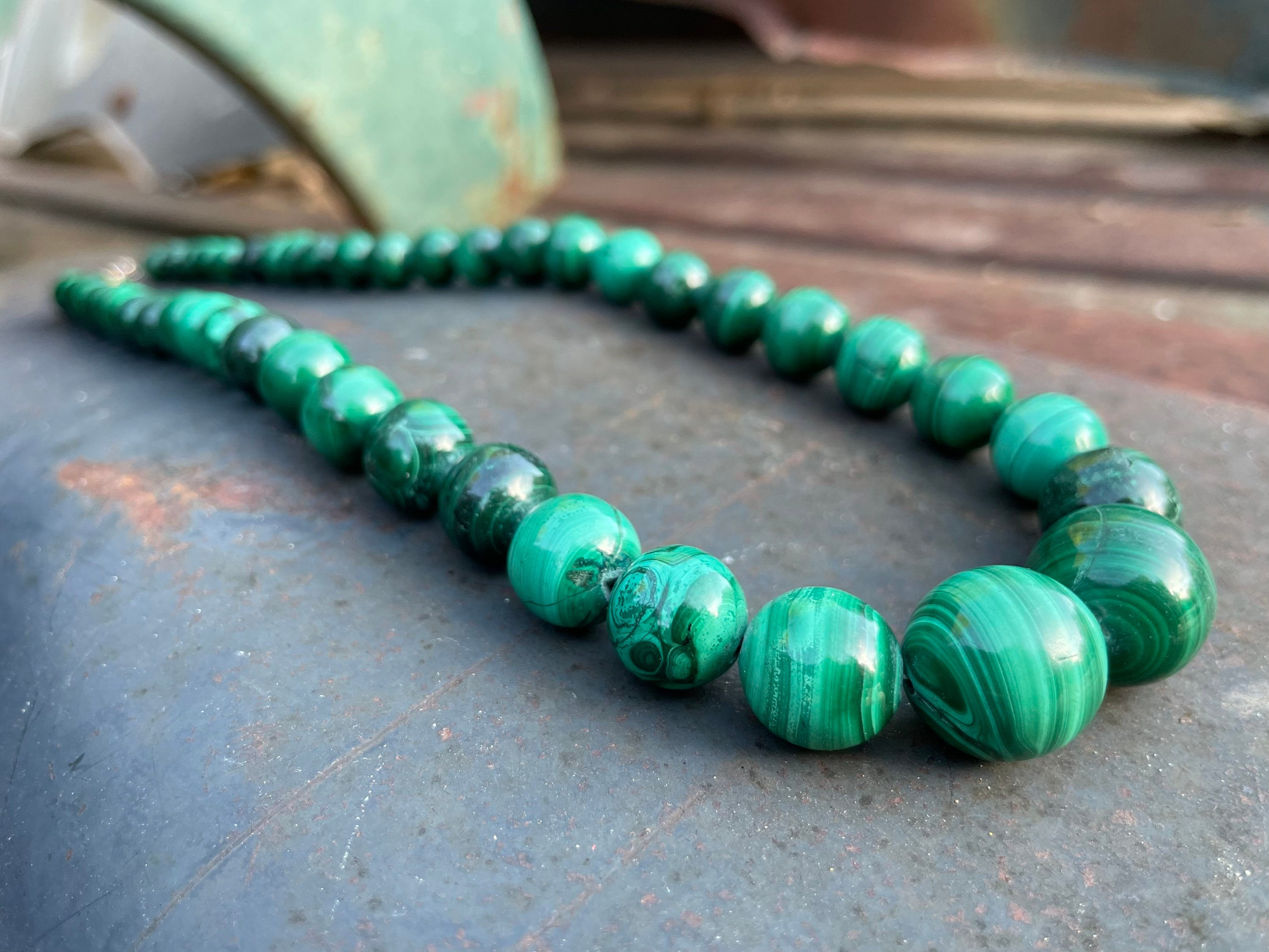 Banded Malachite Bead Necklace 925 Silver Clasp & Chain - Etsy