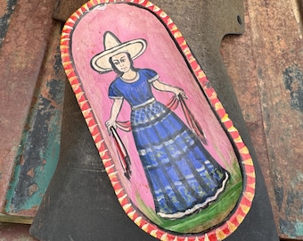 Small Carved Wood Primitive Painting Magnets Refrigerator Decor 3.375 x 7.25, Mexican Folk Art