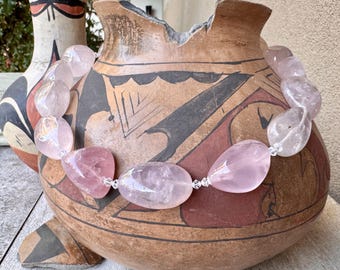 Chunky Rose Quartz Bead Necklace Approx 21", Toggle Clasp, 1990s Artisan Jewelry