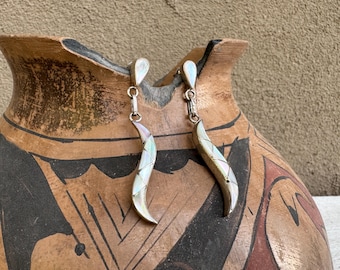 Vintage Mother of Pearl Channel Inlay Silver Earrings, White Shell Dangles, Zuni Jewelry