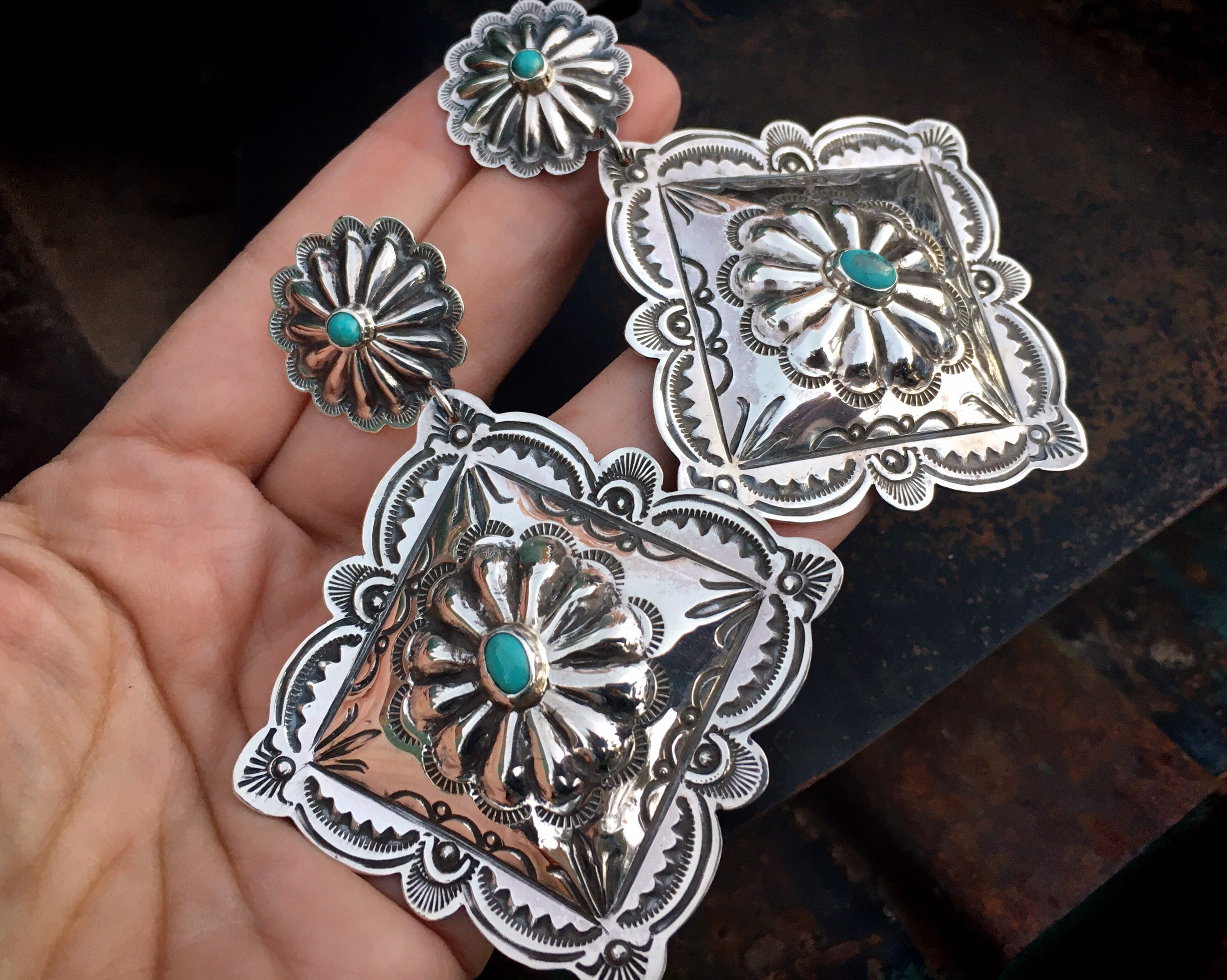 Happie Hippie - 🌵 Beautiful Large Concho Sterling Silver Earrings with  a Turquoise center~ Handcrafted Native American Southwest Jewelry  Receive a Free Sterling Silver Cleaning Cloth with Purchase We Ship, We  Deliver