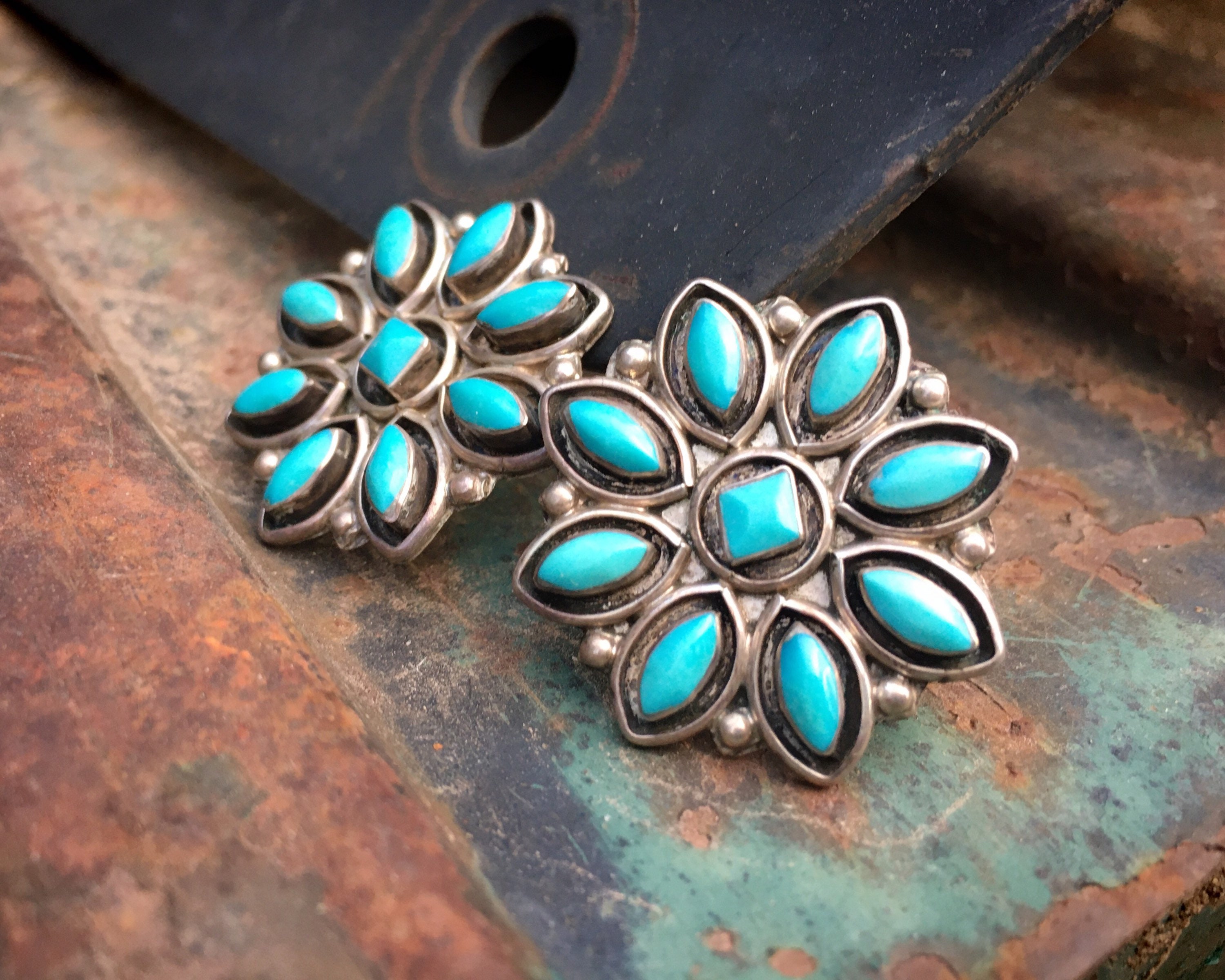 Medium Size Turquoise Petit Point Cluster Post Earrings for Women