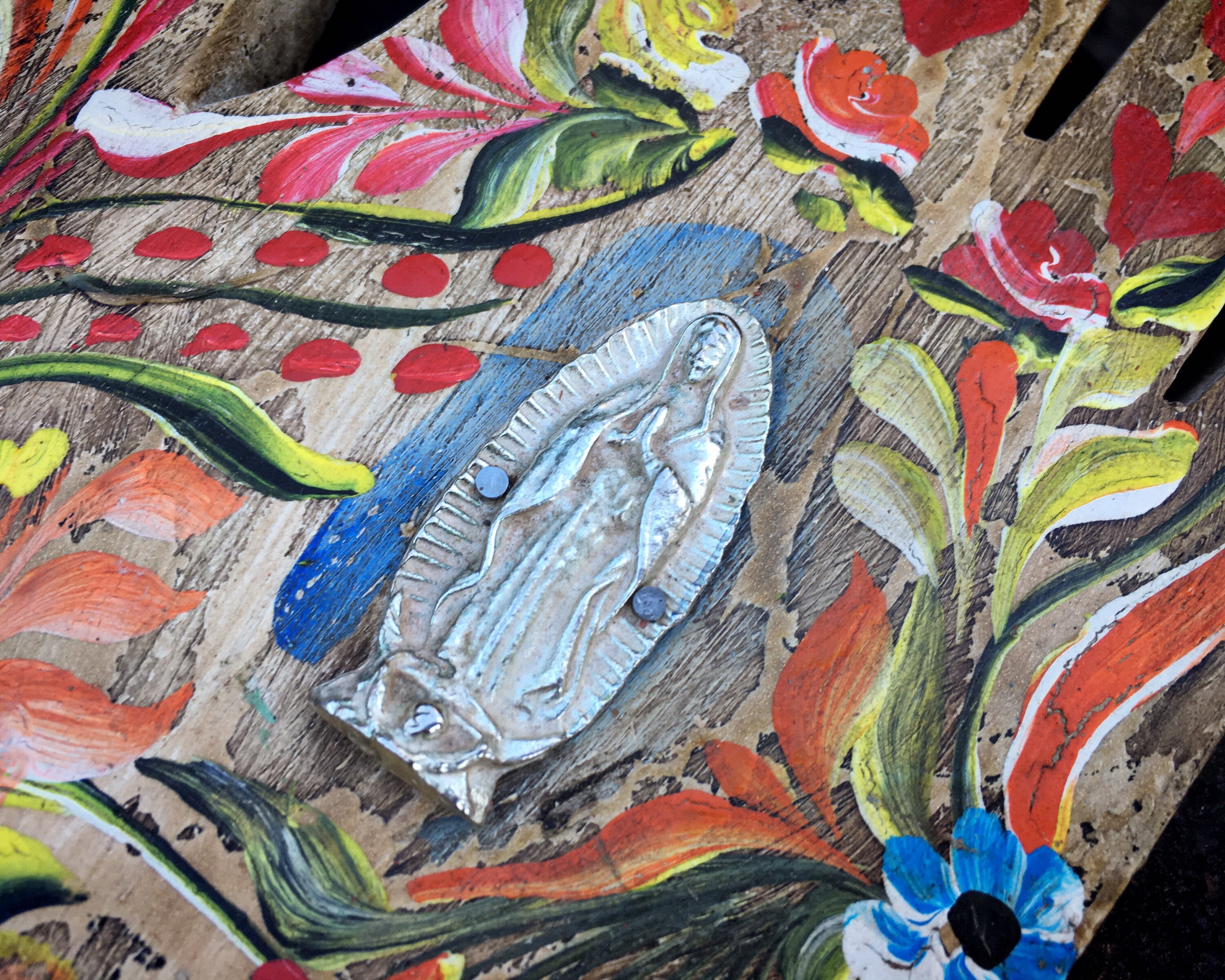 Mexican Painted Wood Right Hand Wall Hanging with Virgin of Guadalupe