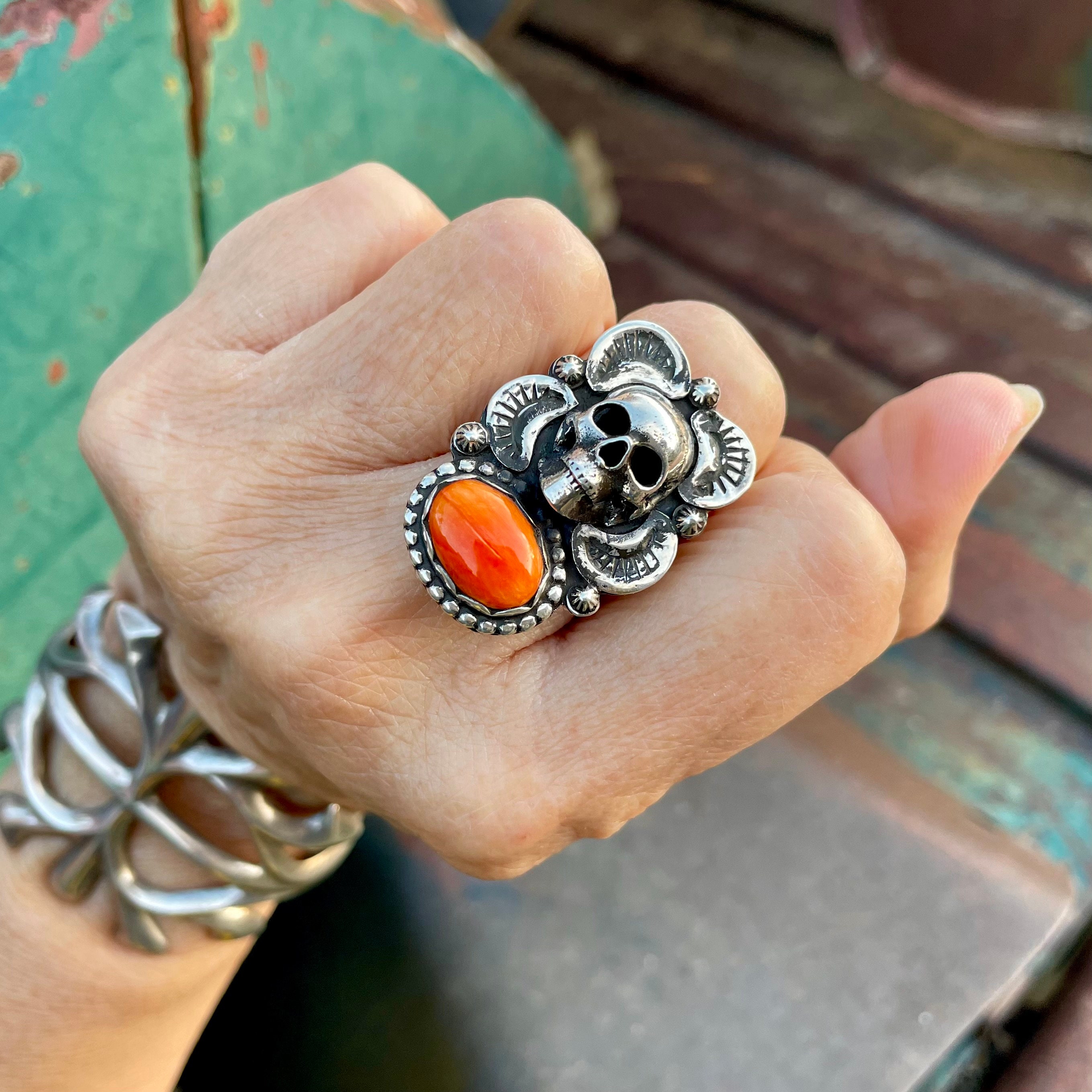 スパイニーオイスターシェル 925 シルバーリング USAハンドメイド Spiny Oyster Calavera Ring Size 9, Southwestern Jewelry Skull Day