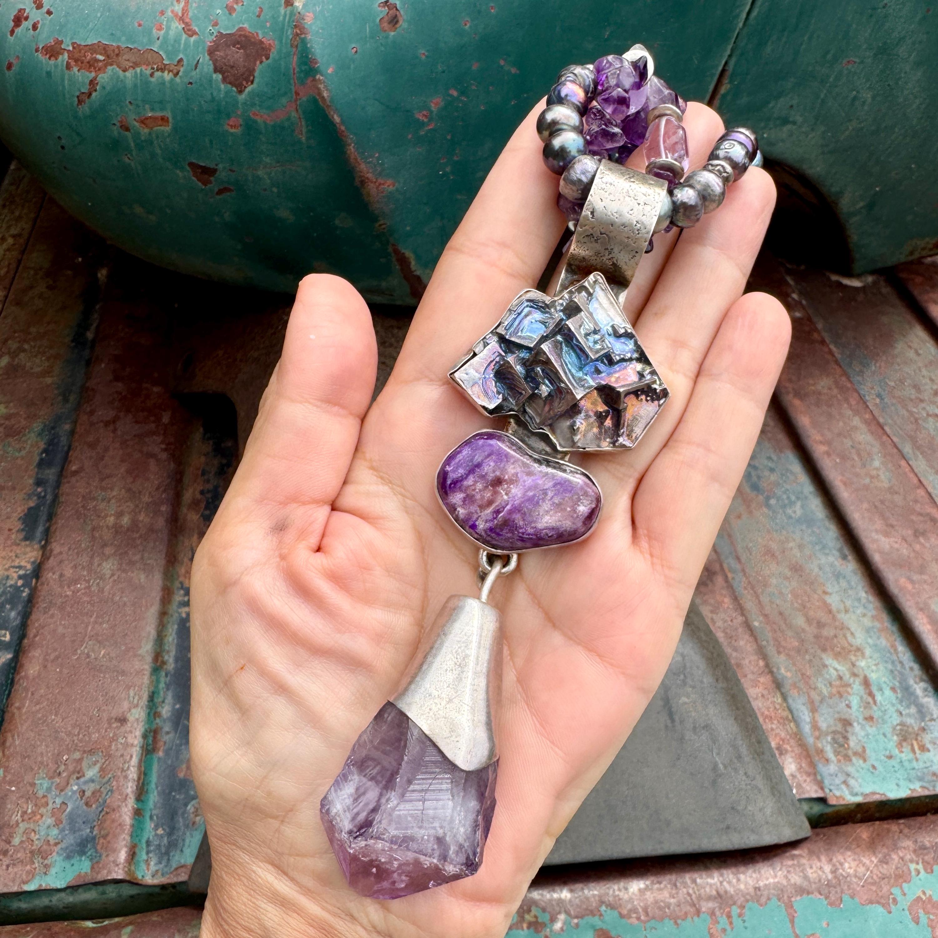 Sterling Silver Amethyst Bismuth Crystal Pendant 5.375 on Beaded
