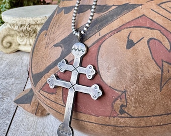 Raymond Betsoi Sterling Silver Isleta Cross Pendant on 16” Small Navajo Pearls Choker