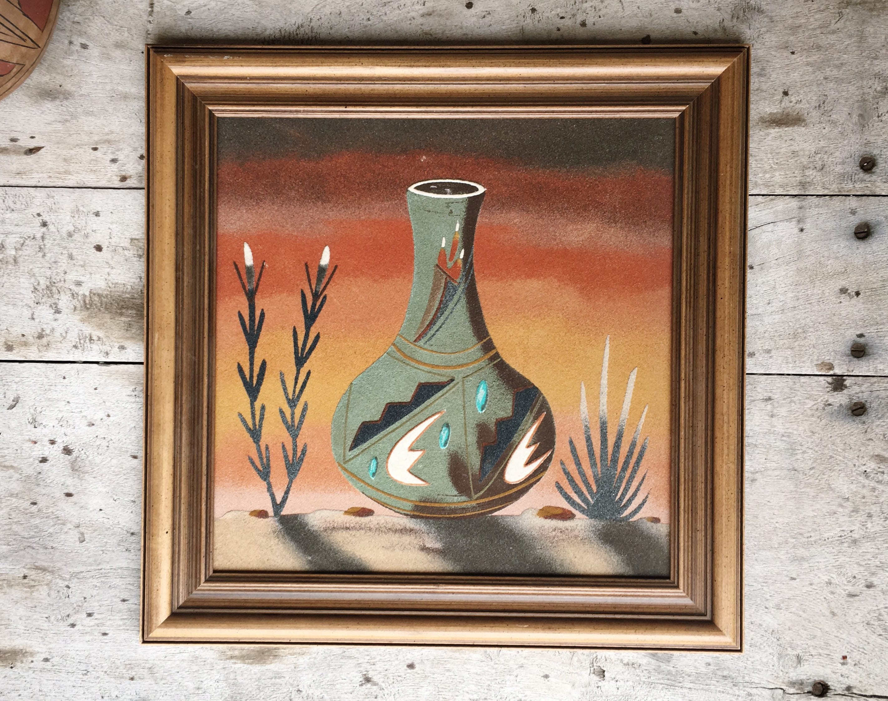 Vintage Framed Sand Painting of Native American Pottery Art Desert