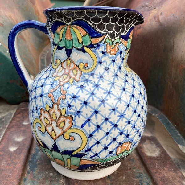 Vintage Uriarte Talavera Pottery Water Pitcher, Puebla Mexican Ceramic Folk Art, Rustic Southwestern Home Decor, Housewarming Gift Couple