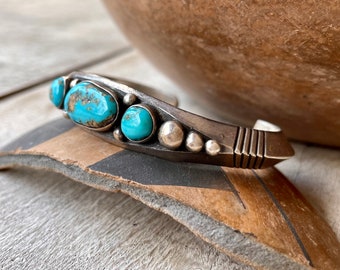 Vintage Sterling Silver Turquoise Three Stone Cuff Bracelet Size 6.5, 1950s Navajo Indian Jewelry