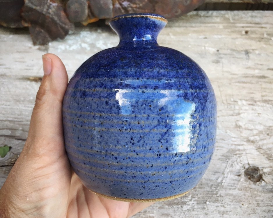 Blue Glaze Studio Pottery Bud Vase, Vintage Hand Thrown Weed Pot Dry