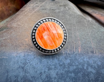Orange Spiny Oyster Sterling Silver Navajo Ring Size 8.25, Signed Skeets, Round Shape