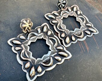 Square Frame Sterling Silver Repousse Earrings by Navajo Leander Tahe, Native American Jewelry