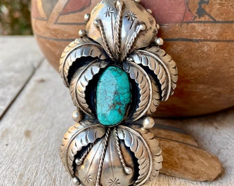 45g Huge Turquoise Sterling Silver Pendant w/ Ornate Floral Leaf Design, Vintage Native American