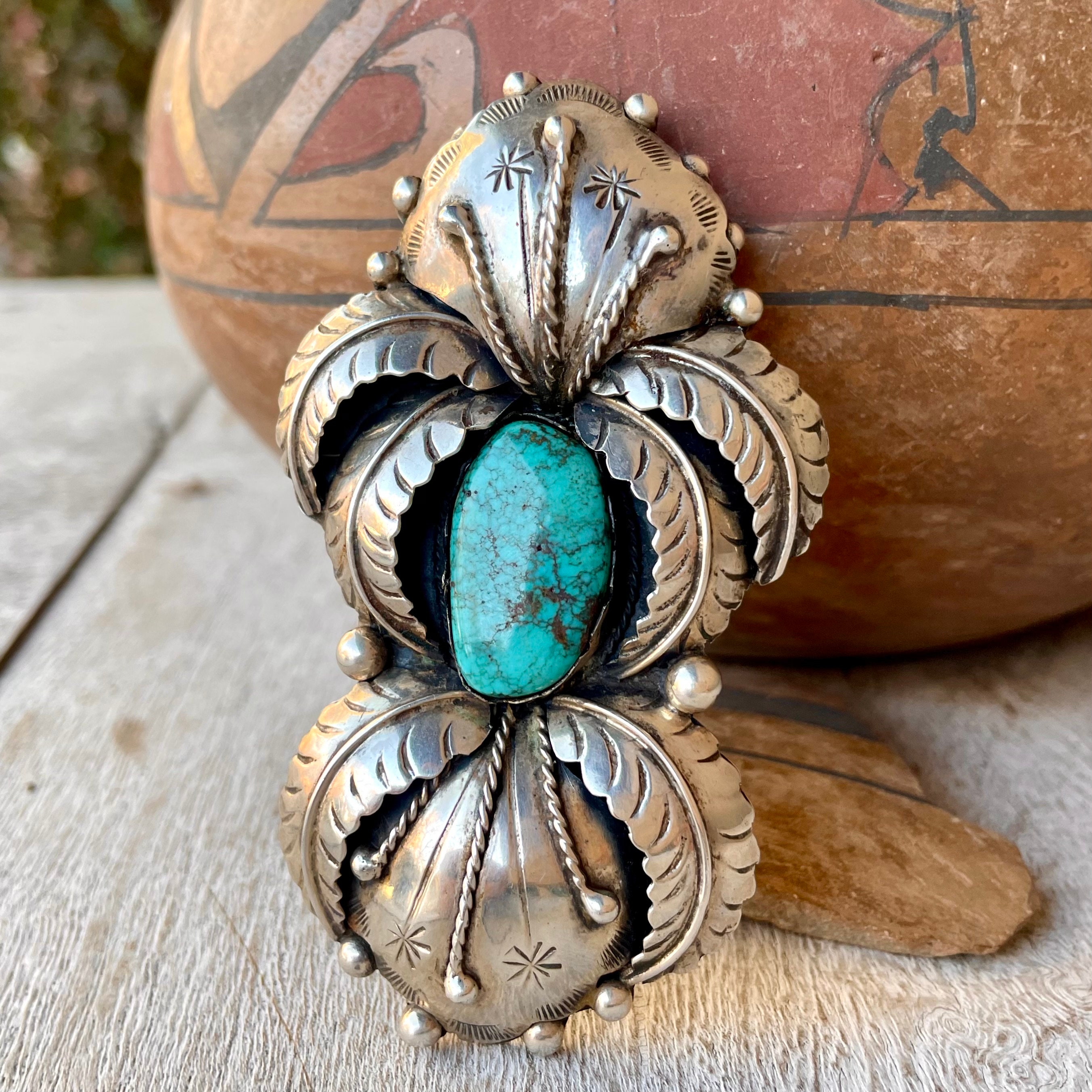 Thick And Very Heavy!! Native American Navajo Turquoise Sterling Silver Leaf Necklace Thick And Very Heavy!! Native American Navajo Turquoise Sterling Silver Leaf Necklace