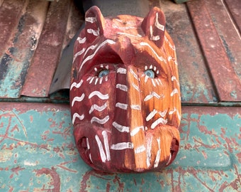 Vintage Distressed Wood Jaguar Tigre Mask w/ Glass Eyes, Hand-Painted Carved Guatemalan Folk Art