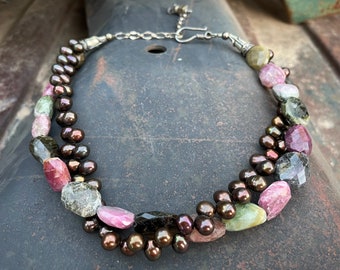 Natural Pink and Green Tourmaline Stone and Freshwater Pearl Choker Necklace, Bohemian Jewelry