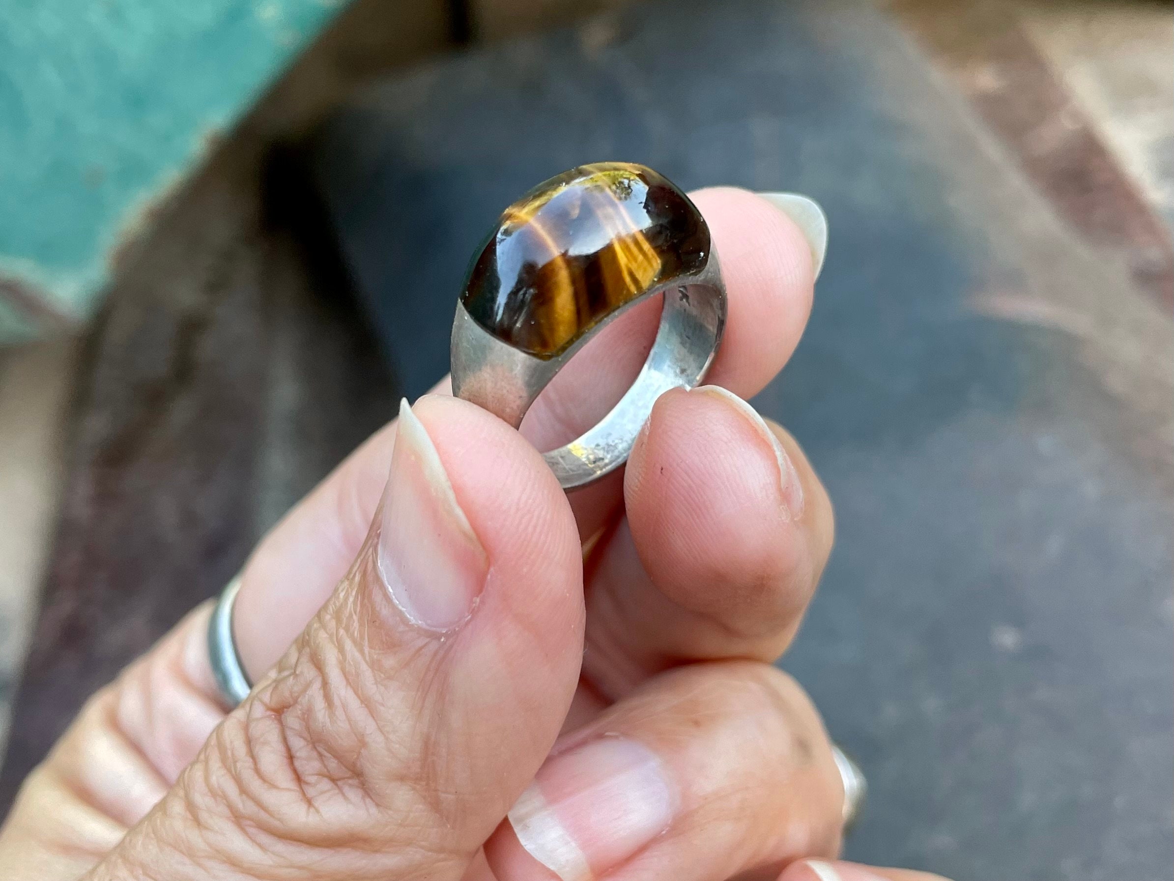 Vintage Sterling Silver Tiger's Eye Ring Size 7, Eagle Mark