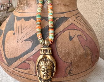 Brass Buddha Pendant on Multi-Color Spiny Oyster Turquoise Heishi Necklace Approx 17"
