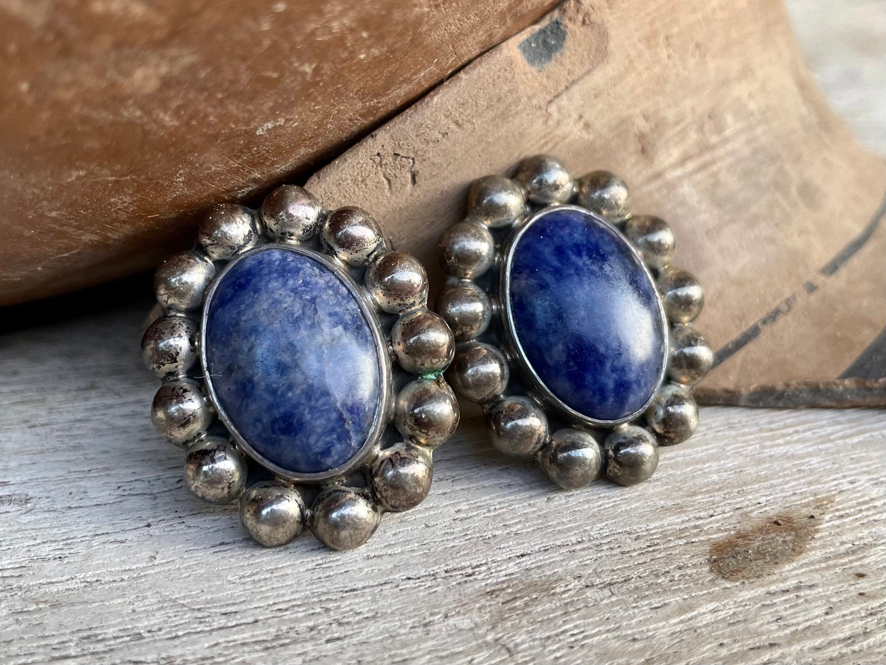 Vintage Sodalite Gemstone Clip On Earrings Taxco Mexico Sterling
