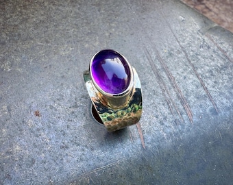 Hammered Sterling Silver Amethyst Ring Approx Size 9