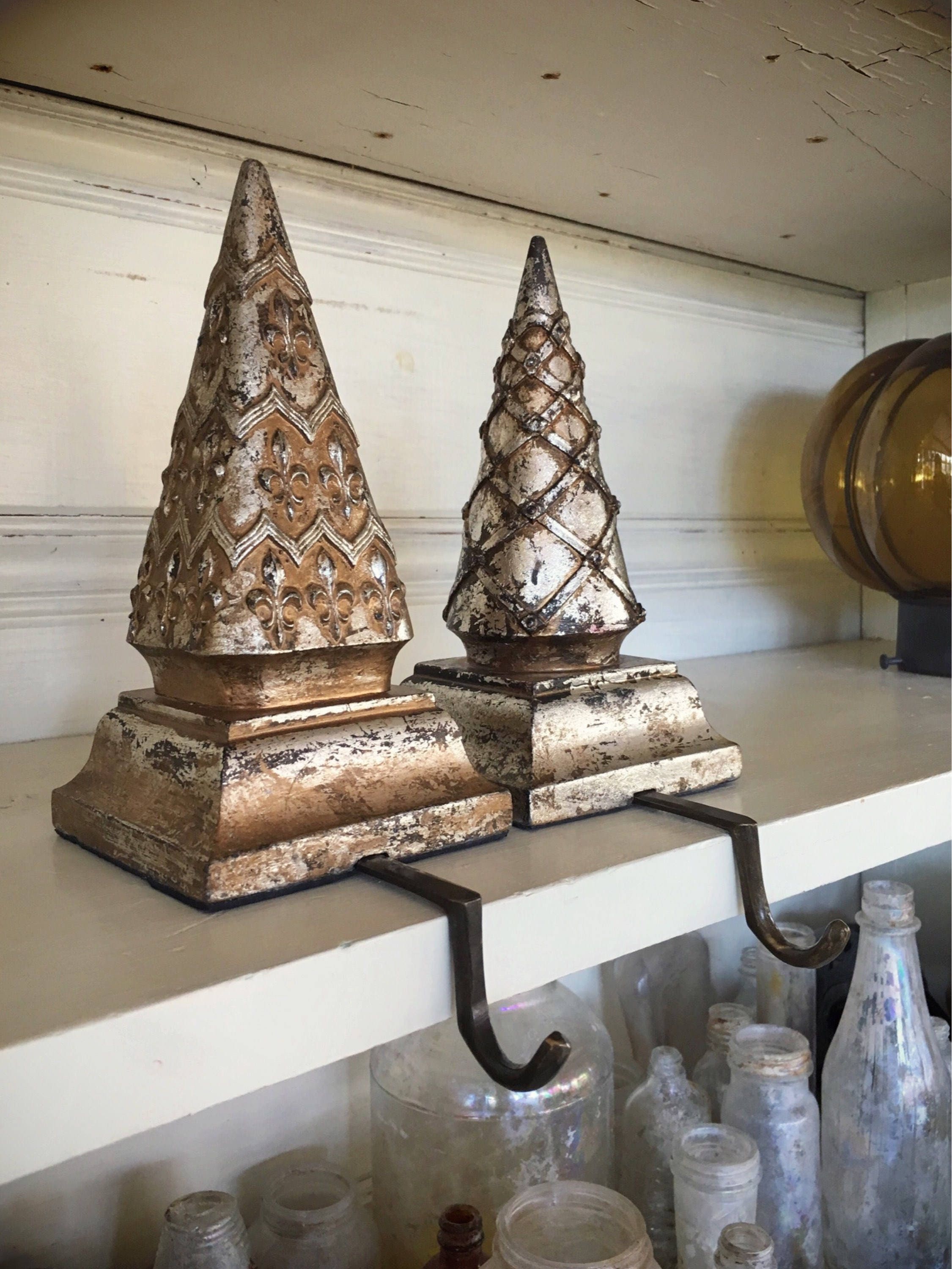 Distressed Finial Christmas Stocking Holders for Mantle, Rustic