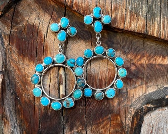 Round Hoop Turquoise Earrings by Navajo Mary Jane Garcia, Approx 1.5" Dia., Native American Indian Jewelry, Rodeo Style, Mother's Day Gift