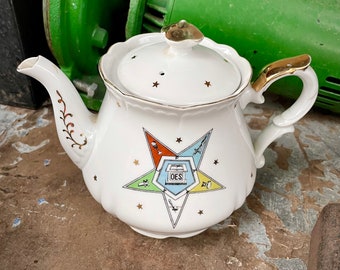 Vintage Lefton China Masonic Order Teapot Gilded Transferware, Eastern Star Freemasons Wives Gift