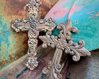 Two Vintage Distressed Rustic Metal Crosses Wall Hanging, Fleur de Lis, Southwest Patio Decor