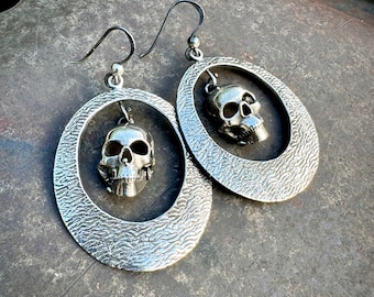 Sterling Silver Hoop Earrings with Dangling Calavera Skeleton, Mexican Day of the Dead Jewelry