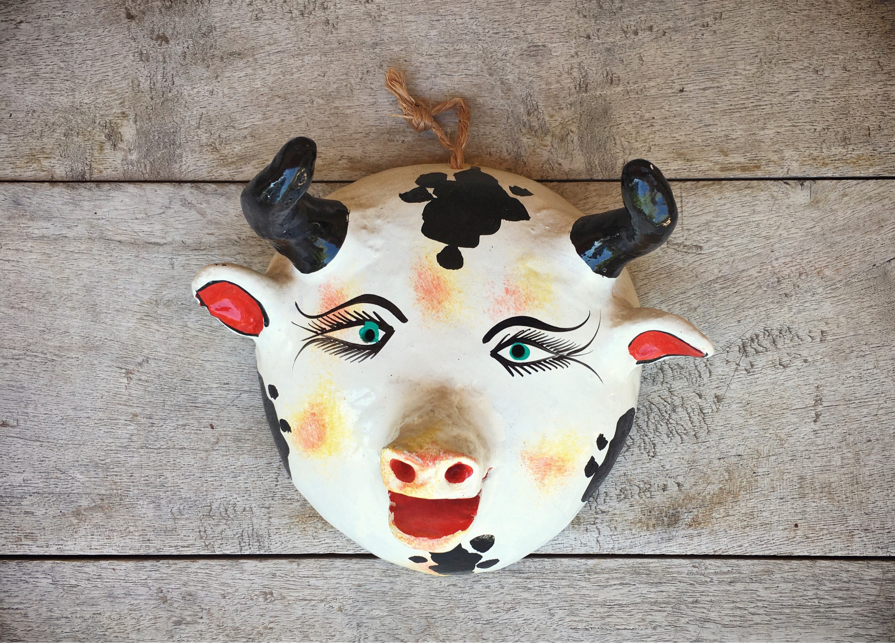 Vintage Mexican folk art bull mask made with coconut shell handpainted