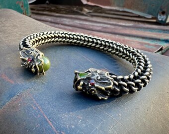 Vintage Double Dragon Head Woven Silver Bracelet Jade Ball Terminals, Brass Mixed Metal