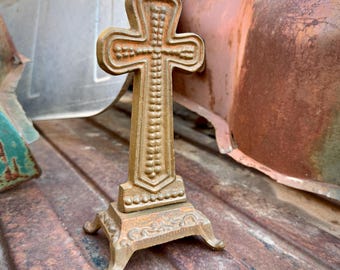 Small Yet Heavy Iron Cross on Stand, Approx 8" Tall, Vintage Religious Decor