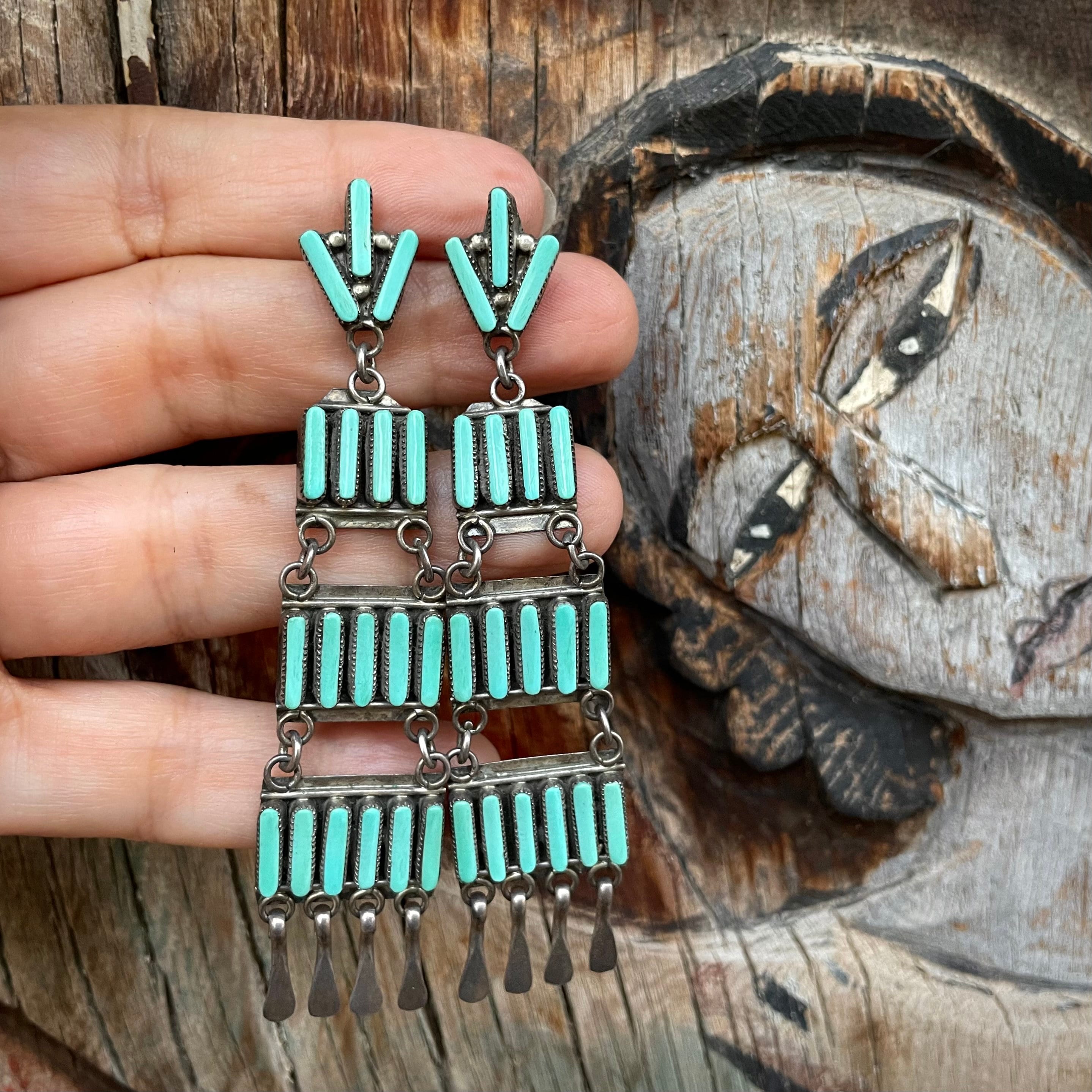 Tremendous Native American Zuni Chandelier Turquoise Sterling Silver Earrings Tremendous Native American Zuni Chandelier Turquoise Sterling Silver Earrings