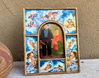 Reverse Painted Tabletop Picture Frame Angel Design, Vintage Peruvian Folk Art Cherubs