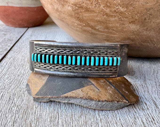 Featured listing image: Zuni F. Hattie Needlepoint Turquoise Row Bracelet Approx Size 6.5, Old Pawn