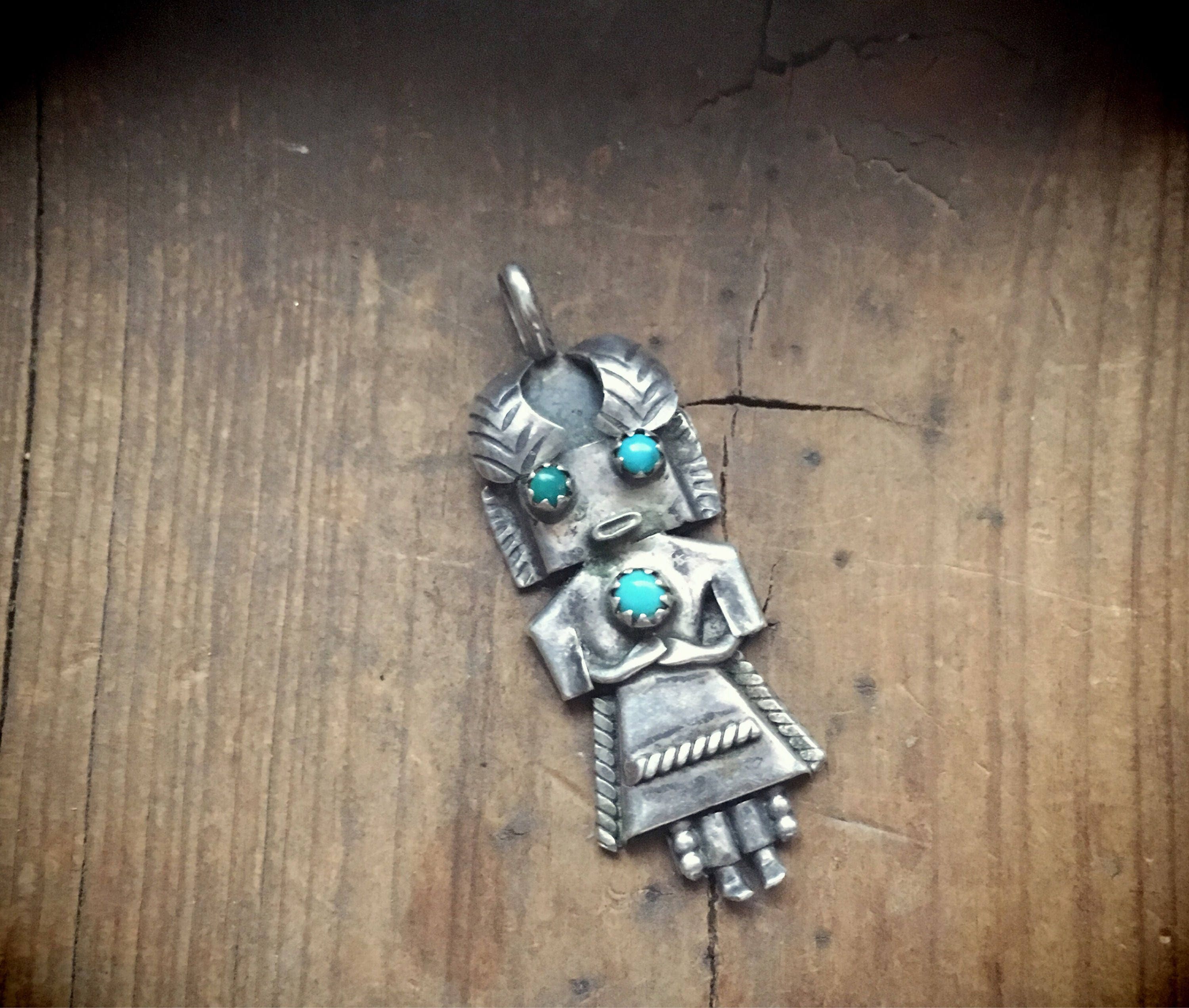 Zuni sterling silver turquoise Kachina pendant by Native American Chris