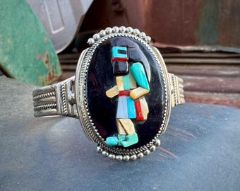 Zuni Bev Etsate Kachina Dancer Cuff Bracelet Size 6.75, Black Jet Turquoise, Native American