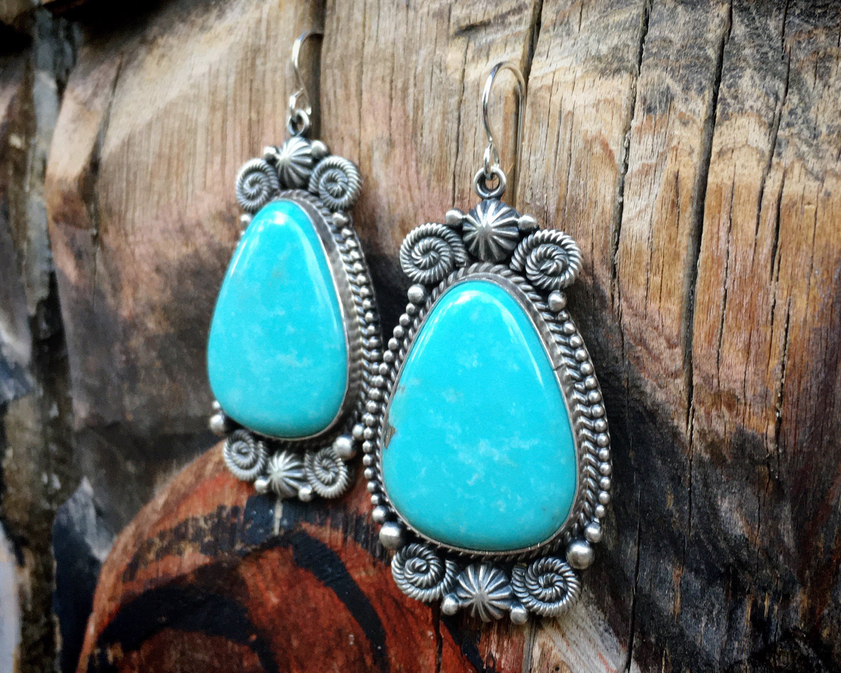 Large Blue Turquoise Dangle Earrings By Navajo Michael Rose