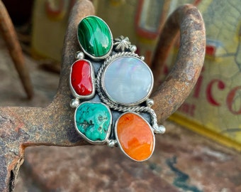 Navajo Mary Jane Garcia Mother of Pearl Malachite Turquoise Multistone Ring Size 9.25, White Green Orange Gemstones, Rodeo Style, Gift Wife