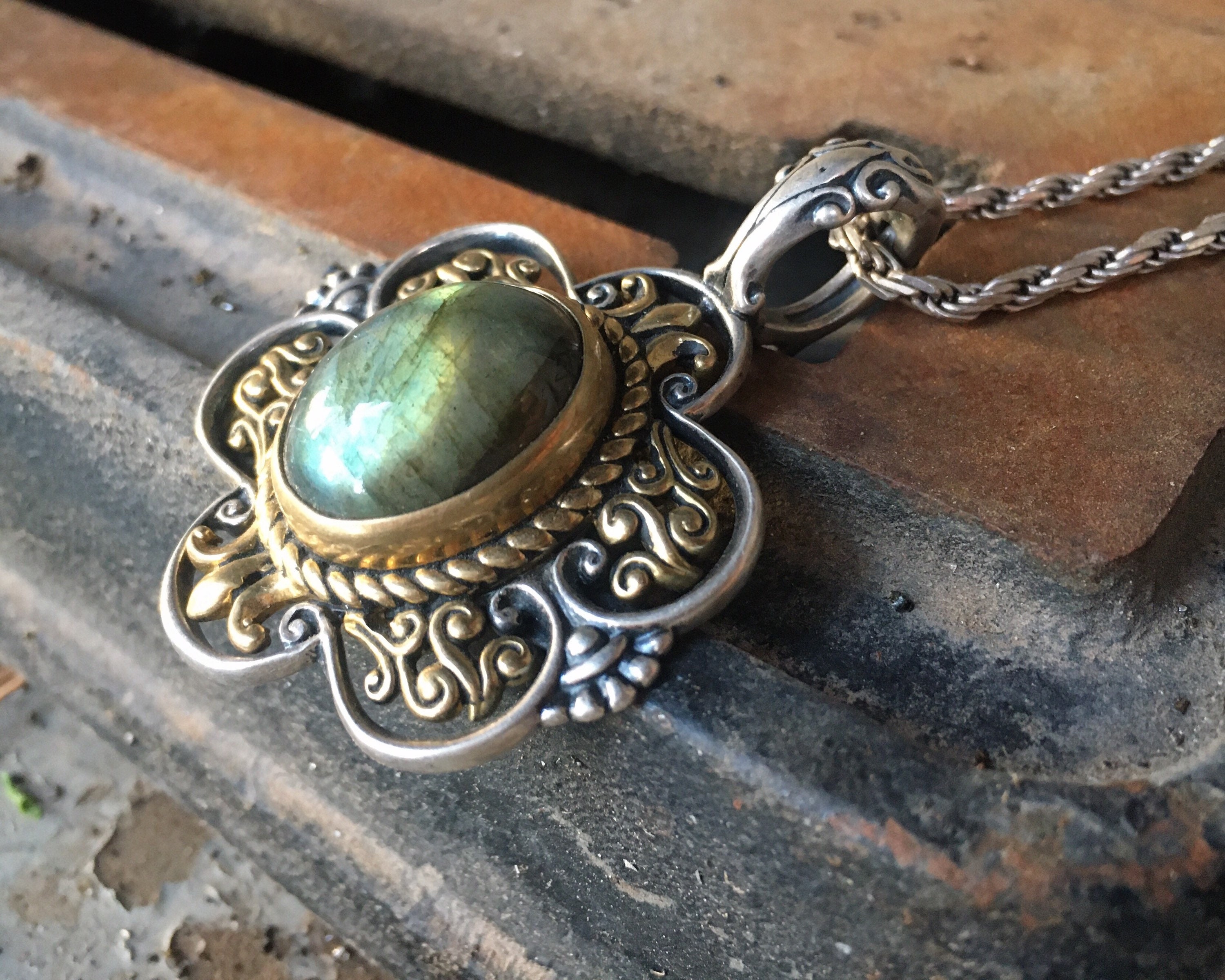 Large Labradorite Sterling Silver Brass Pendant on Heavy Chain Necklace