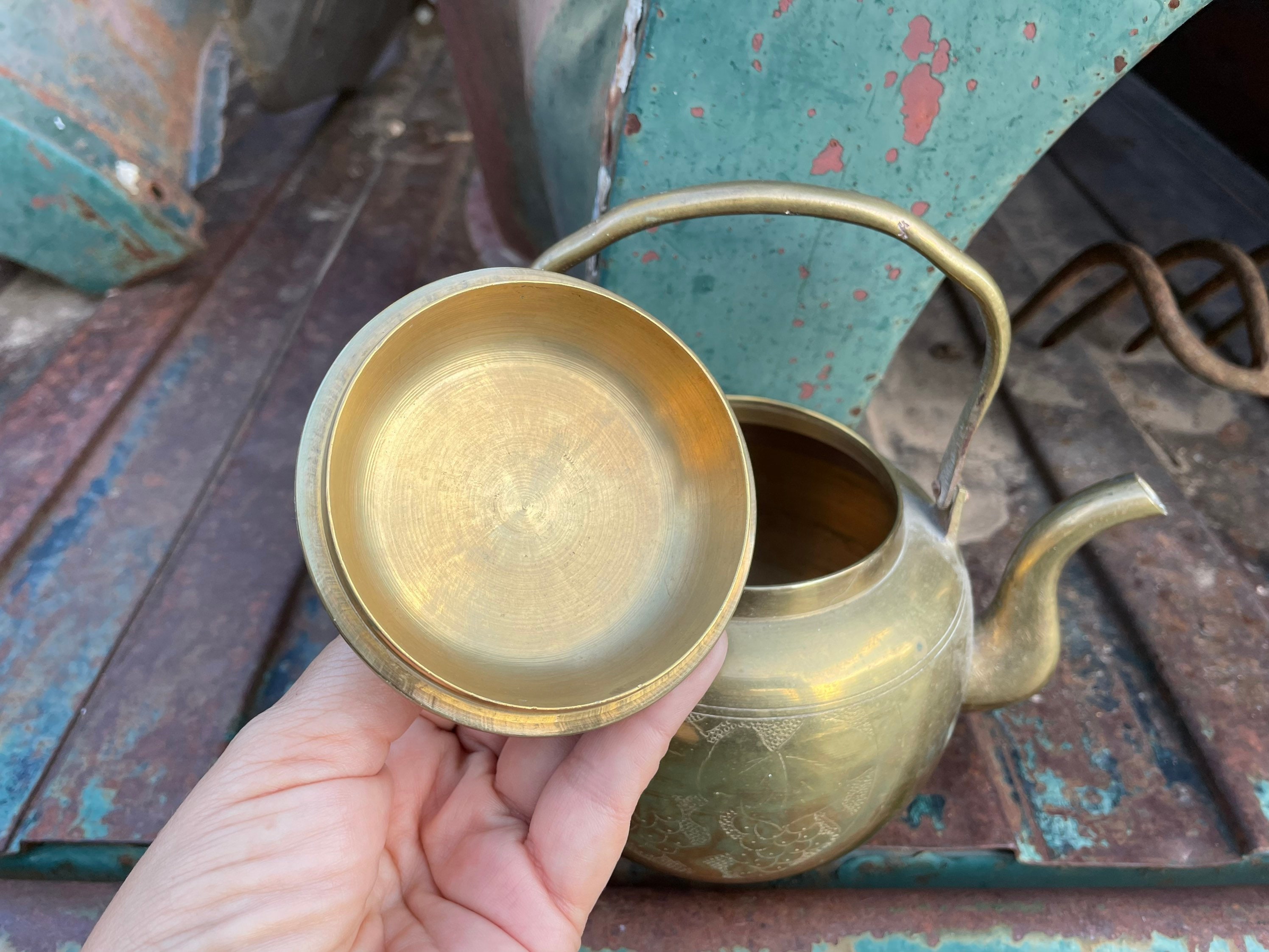 Vintage Small Etched Brass Teapot, Modernist Style Tea Pot Drinking