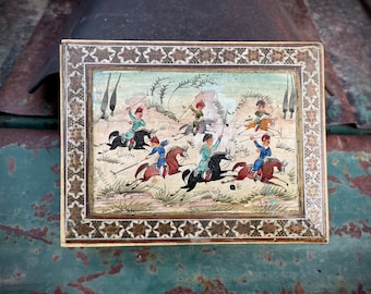Small Vintage Middle Eastern Marquetry Trinket Box with Hunt Scene on Horses (Some Wear)