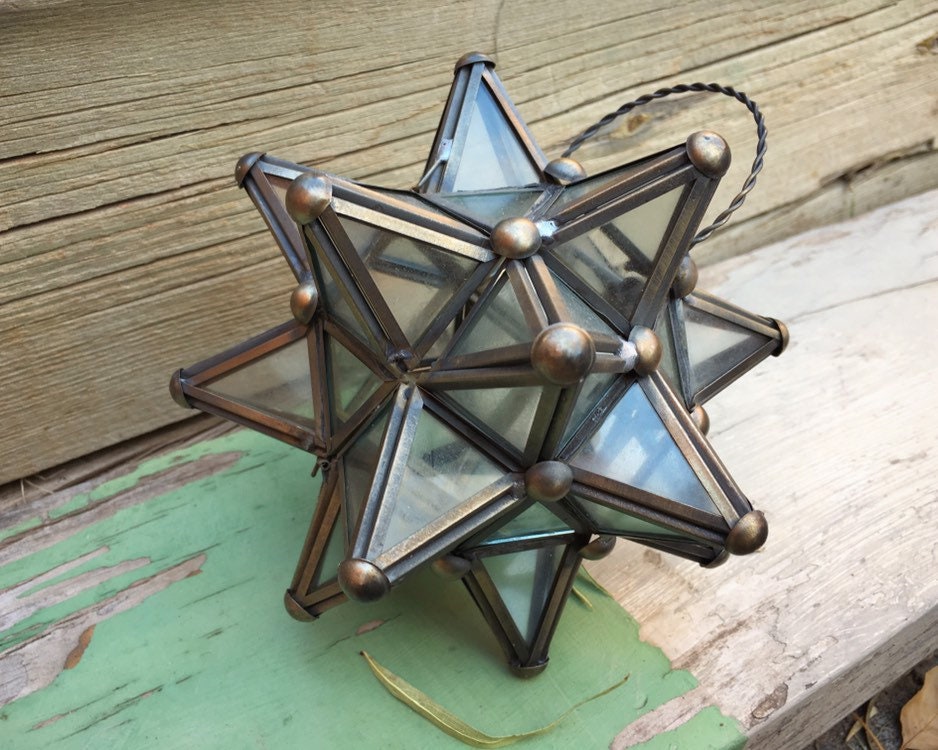 Vintage 6 Metal and Glass Star Lantern LED Candle Holder, Hanging