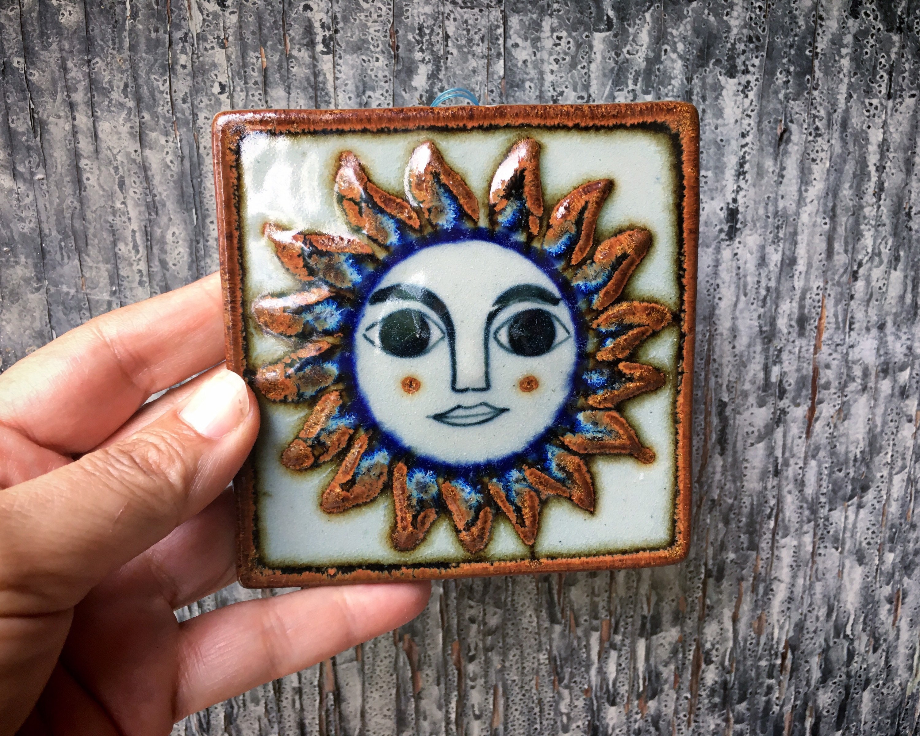Small 4x4 Vintage Mexican Ceramic Tile Wall Hanging of Sun Face, Rustic