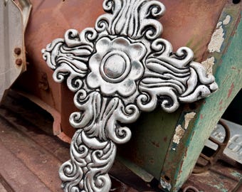 Mexican Wall Cross Pewter Metal Wall Hanging Approx 12" x 14", Rustic Decor Indoor Outdoor