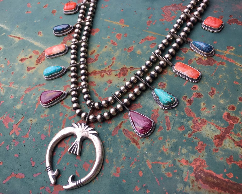 Multi-color Squash Blossom Necklace Turquoise Spiny Oyster by