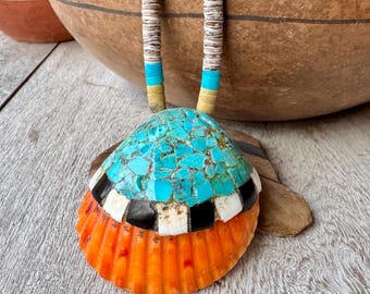 Vintage Kewa Turquoise Inlaid Spiny Oyster Shell Pendant Necklace Approx 18.5"