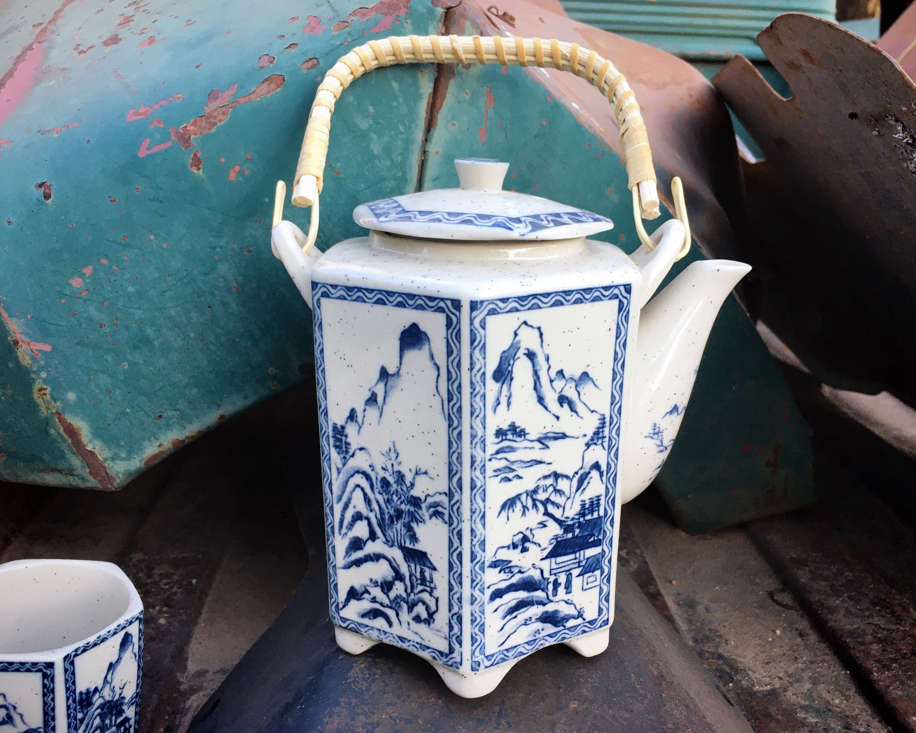 Japanese Hexagonal Teapot with Cane Wrapped Handle and Four Handleless