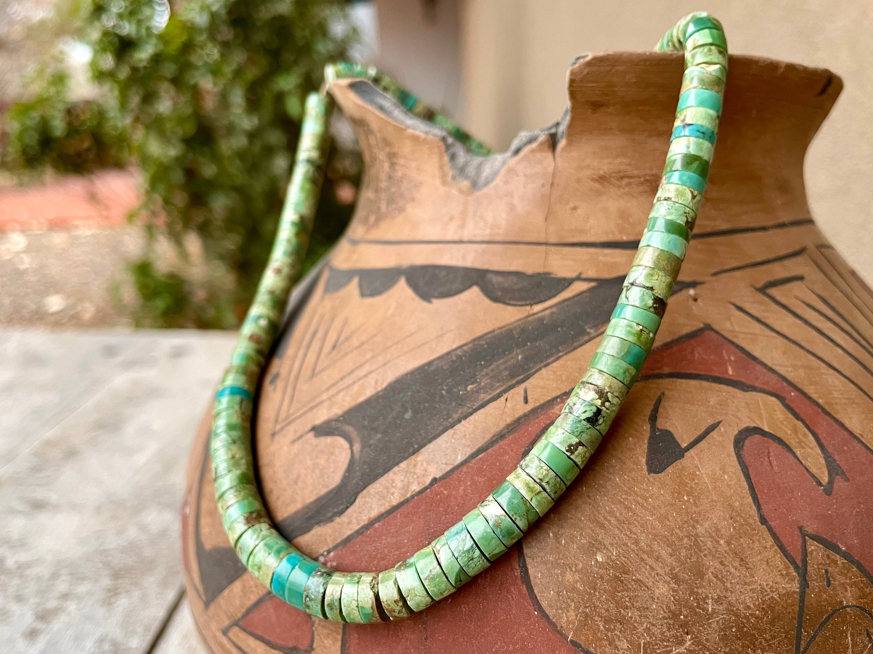 1960s Turquoise Heishi Necklace Choker 17.5, Strung on Twine, Vintage