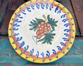 Vintage Mexican Pottery Plate Grape Design Approx 9.5" (Back Chipped), Talavera Folk Art